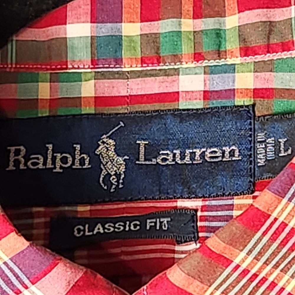 Ralph Lauren Plaid Shirt Mens Large Red Multi Classic Fit Short Sleeve Excellent - Picture 3 of 7